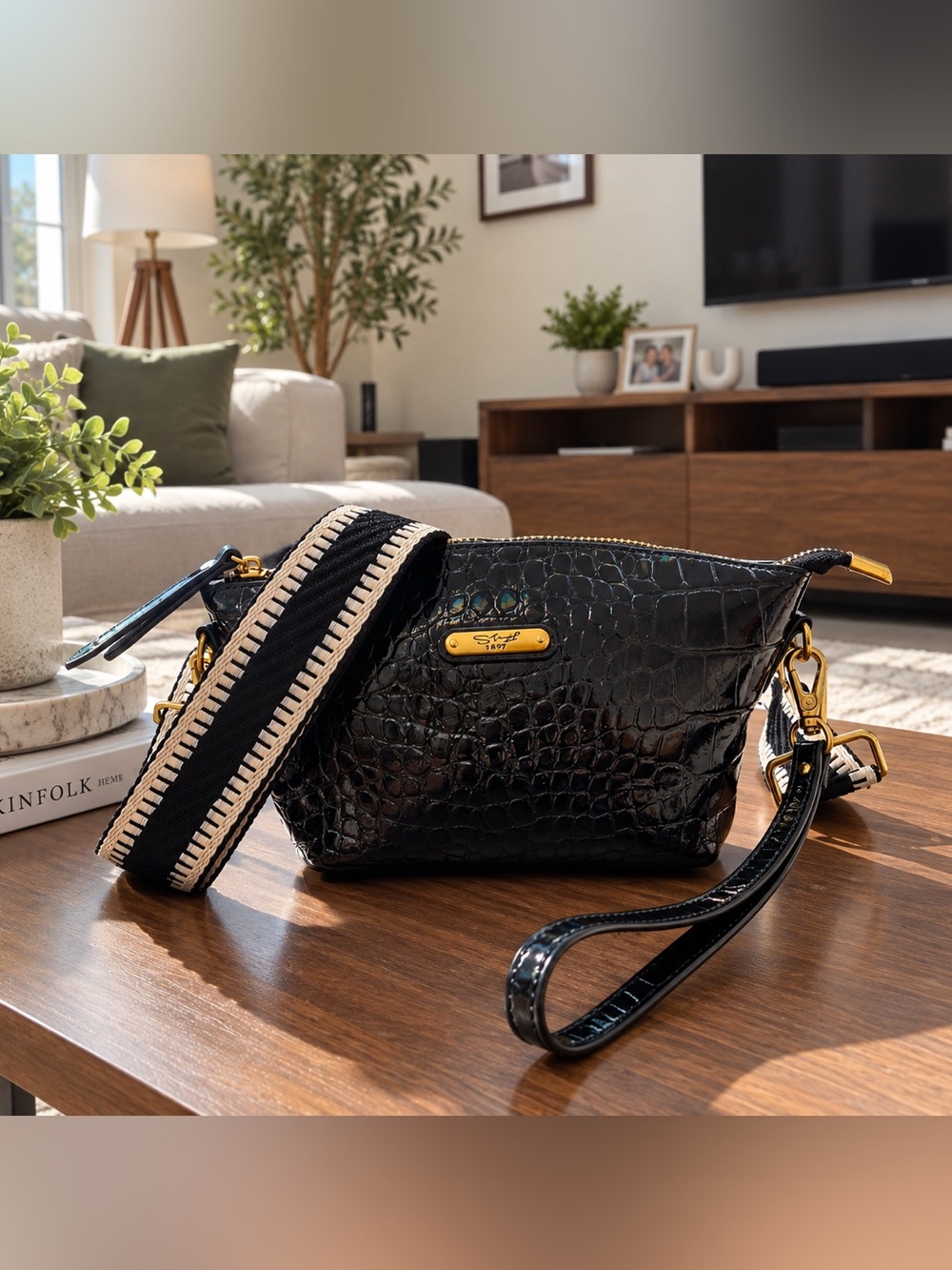 Sharif Black Croc-Embossed Crossbody with Contrast Woven Strap